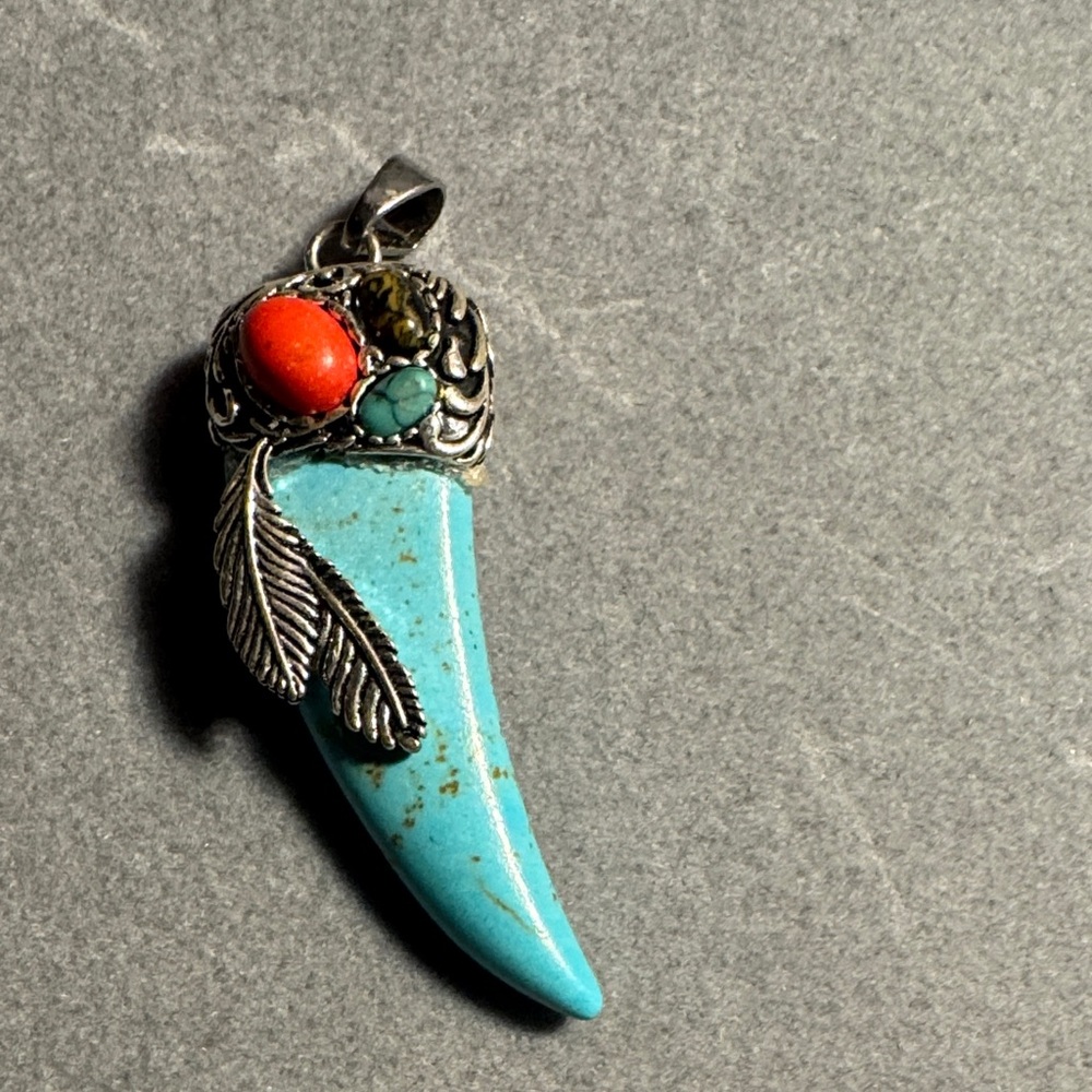 Turquoise Horn and Coral Silver Feather accent
